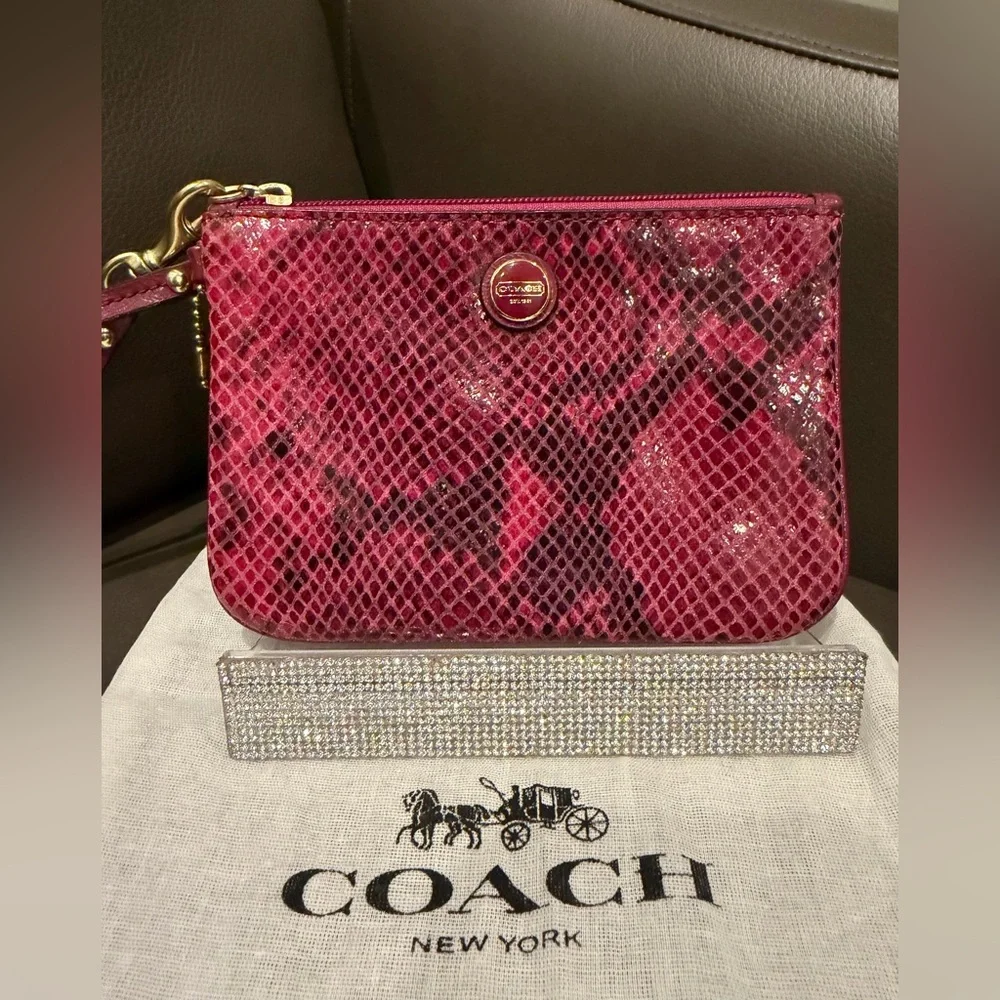 COACH Raspberry Python Leather Wristlet with Dusty - Picture 2 of 7
